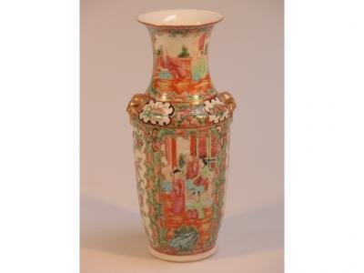 A late 19thC Cantonese porcelain famille rose vase with two ring handles