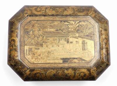 A 19thC octagonal Chinese export lacquer box, decorated in gilt with panels of figures and buildings with background of dragons. Removable interior tray, 12cm high, 26cm wide, 21cm deep. - 6