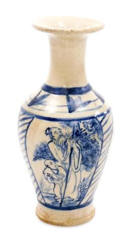 A Chinese pottery bluster vase with everted neck, decorated in underglaze blue with panels of sages, on a glazed base, 22cm high.