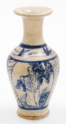 A Chinese pottery bluster vase with everted neck, decorated in underglaze blue with panels of sages, on a glazed base, 22cm high. - 2