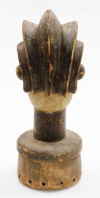 An African tribal hardwood head figure, with elongated features, shell eyes and open mouth, on a circular part pierced base, 45cm high. - 3