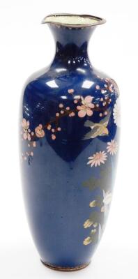 A Meiji period Japanese cloisonne baluster vase, decorated with flowers on a blue ground, 35cm high. (AF) - 4