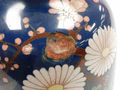 A Meiji period Japanese cloisonne baluster vase, decorated with flowers on a blue ground, 35cm high. (AF) - 7