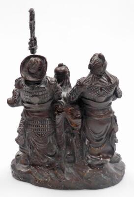 A Chinese bronzed spelter figural group, of a seated bearded general with two attendants on a rock work base, unmarked, 19thC, 37cm high. - 3