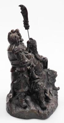 A Chinese bronzed spelter figural group, of a seated bearded general with two attendants on a rock work base, unmarked, 19thC, 37cm high. - 4