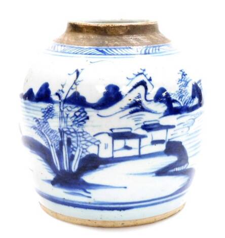 A Chinese blue and white porcelain ginger jar, decorated with a landscape scene below geometric border, 19thC, 27cm high. (AF)