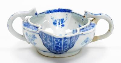 A group of Chinese porcelain, comprising a floral decorated Chinese Imari bowl decorated with flowers, a twin mouthed sauce boat with ear handles decorated in blue and white with flower sprays and diaper borders, possibly 18thC; a blue and white bowl of t - 12