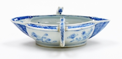 A group of Chinese porcelain, comprising a floral decorated Chinese Imari bowl decorated with flowers, a twin mouthed sauce boat with ear handles decorated in blue and white with flower sprays and diaper borders, possibly 18thC; a blue and white bowl of t - 15