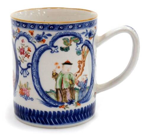 A Chinese export porcelain mug, decorated with blue cartouches containing coloured enamelled figures, the background with floral sprays between diaper and arrowhead bands, unglazed base, 18thC, 14cm high.