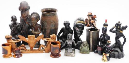 Various metal ware, African treen carvings, Studio style vase, African tribal monkey and owl group 32cm wide, various other treen, African tribal carvings, vase, etc. (a quantity)