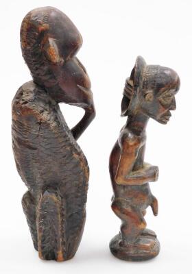 Various metal ware, African treen carvings, Studio style vase, African tribal monkey and owl group 32cm wide, various other treen, African tribal carvings, vase, etc. (a quantity) - 5