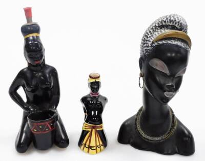 Various metal ware, African treen carvings, Studio style vase, African tribal monkey and owl group 32cm wide, various other treen, African tribal carvings, vase, etc. (a quantity) - 16