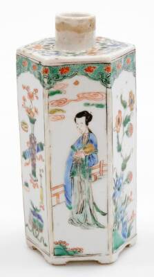 A Chinese porcelain hexagonal tea caddy, decorated with panels of vases and figures beside a fence, decorated in famille verte palette, unglazed base, 18thC, 18cm high. - 3