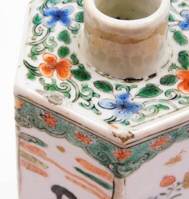 A Chinese porcelain hexagonal tea caddy, decorated with panels of vases and figures beside a fence, decorated in famille verte palette, unglazed base, 18thC, 18cm high. - 7