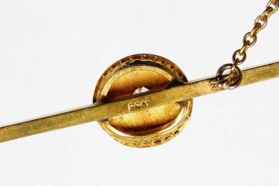 A Victorian bar brooch, with central circular design with illusion set tiny diamond, on bar back, with safety chain, yellow metal, marked 9ct, 5cm wide, 3.7g all in, in Godfrey & Son Jewellers, Watergate of Grantham box. - 2