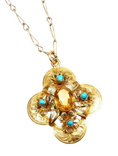 A Victorian citrine and turquoise pendant and chain, the four section pendant with central citrine, flanked by a turquoise to each point with filigree type scrolling and decoration, on a gold coloured frame, unmarked, believed to be silver gilt, 4cm x 3.5