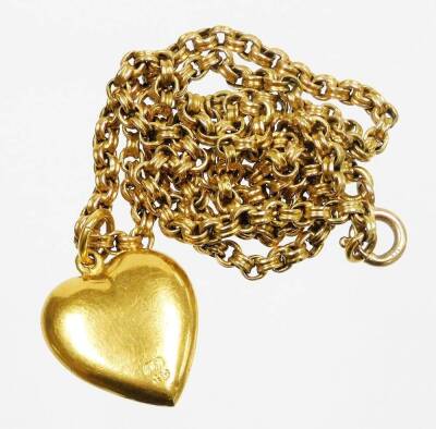 A heart shaped pendant and chain, the heart shaped pendant set with three seed pearls to centre, on single loop drop, marked to back 15c, marked AW, on rounded box link yellow metal chain, marked 375, 46cm long overall, 8.9g all in. - 2