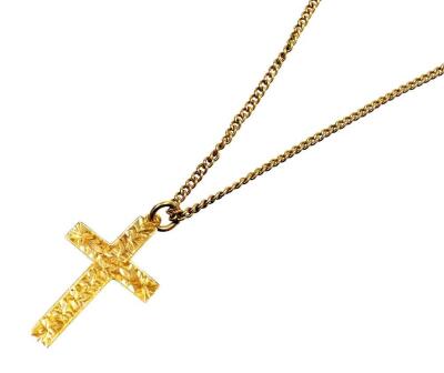 A crucifix pendant and chain, the pendant florally engraved, and marked 9ct, on a fine link chain, yellow metal, unmarked, 42cm long overall, 3.9g all in.