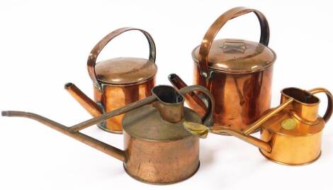 Various late 19thC and later copper ware, including a 20thC watering can with brass mounts and Hawes name plaque, 10cm high, another, lidded kettle, etc. (4)