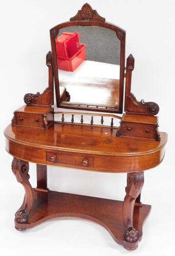 A Victorian mahogany Duchess dressing table, the shaped mirror surmounted by a carved leaf, and flanked by shaped scroll and angular supports above two jewel drawers, the demi-lune top with single frieze drawer, on acanthus capped scroll legs joined by a