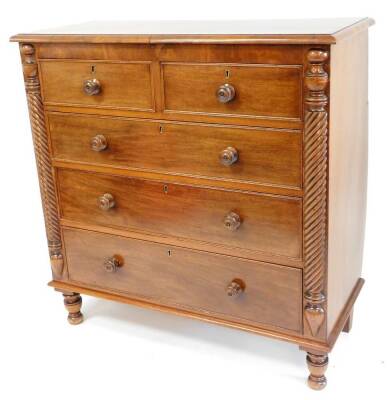 A 19thC mahogany chest, of two short and three long drawers, each with cock beading, flanked by quarter columns on turned feet, 114cm high, 110cm wide, 46cm deep.