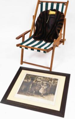 A fur shoulder stole, of quarter length, in dark colours, 66cm high, a folding deck chair, with material seat, and a print entitled Exchange Is No Robbery.