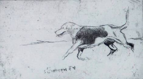 After Sir Alfred J Munnings KCVO PRA (1878-1959). A running fox hound, etching, signed in pencil, 6cm x 10.5cm, mounted and framed.