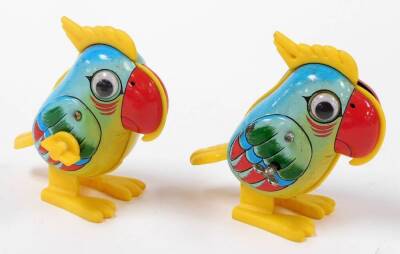 Two similar 1970's Yone Japanese plastic and tin plate parrot ornaments, one marked made in Singapore, 10cm high, and a clockwork plastic Walt Disney Mickey Mouse waving figure. (3) - 2