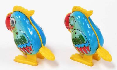 Two similar 1970's Yone Japanese plastic and tin plate parrot ornaments, one marked made in Singapore, 10cm high, and a clockwork plastic Walt Disney Mickey Mouse waving figure. (3) - 3