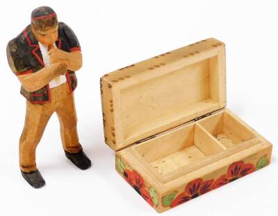 Treen collectables, etc., an early 20thC heavily caved oak tray of rectangular form with metal handles, 53cm wide, carved pipe, Japanese lacquer box, glass ink bottle in green Bakelite case, travel clock, monkey hand puppet, etc. (a quantity) - 10