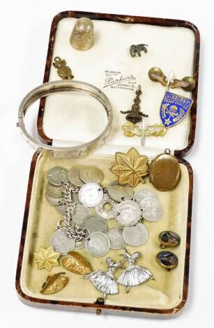 Various silver jewellery, etc., bangle, 3d coin bracelet, base metal flower head brooch 3cm wide, etc. (a quantity)