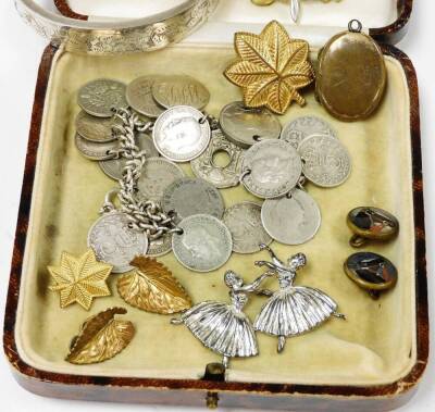 Various silver jewellery, etc., bangle, 3d coin bracelet, base metal flower head brooch 3cm wide, etc. (a quantity) - 3