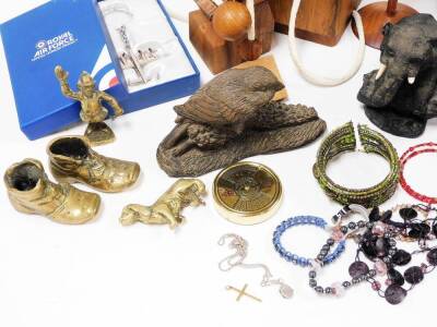 Various metal ware, etc., pewter tankards, resin elephant ornament, 10cm high, wirework basket, various brass ware, cloisonne finish lidded jar, boot, etc. (a quantity) - 3