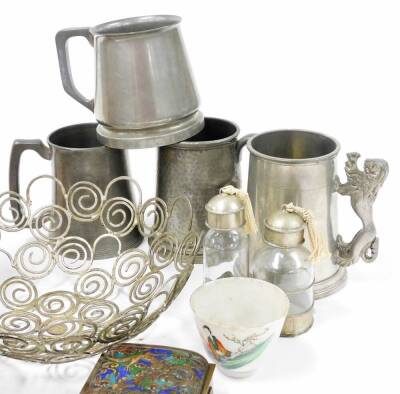 Various metal ware, etc., pewter tankards, resin elephant ornament, 10cm high, wirework basket, various brass ware, cloisonne finish lidded jar, boot, etc. (a quantity) - 4