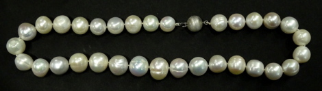 A pearl necklace, with varying sized natural pearls, on white knotted string, with 9ct white gold ball clasp, 45cm long, 99.5g all in.