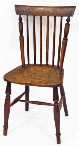 A 19thC Grantham ash and elm side chair, possibly Taylor, with shaped cresting rail, turned spindles, shaped seat and single ring turned front legs joined by an H stretcher, stamped to the seat, 85cm high.