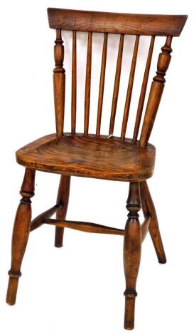 Wilson (Grantham). A 19thC ash and elm open chair, with fixed cresting rail, turned spindles, shaped seat, and single ring turned front legs joined by a H stretcher, stamped to the seat, 84cm high.