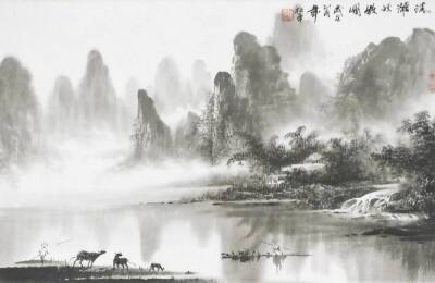 20thC Chinese. A pair of mountainous river scenes, with figures, boats and cattle, monochrome watercolours, signed, 44cm x 66cm. - 2