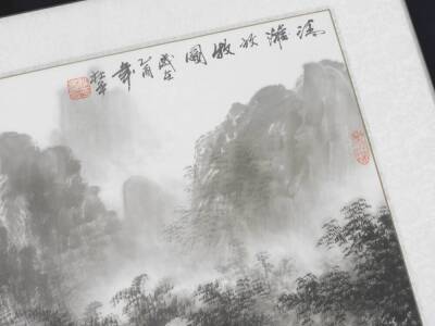 20thC Chinese. A pair of mountainous river scenes, with figures, boats and cattle, monochrome watercolours, signed, 44cm x 66cm. - 3