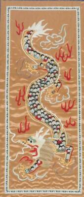 A 20thC Chinese silk embroidery panel depicting a dragon among clouds, the body composed of children. 84cm x 32cm.