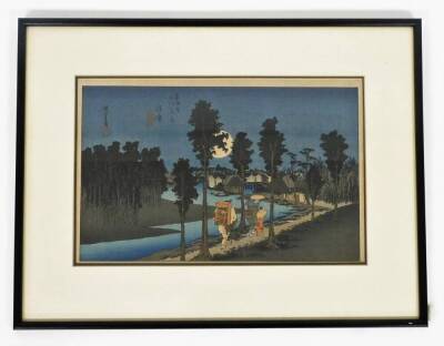 A Japanese woodblock print titled Dusk Scene in Numazu, first created by Utagawa Hiroshige (1797-1858) between 1831 and 1834. No. 13 from the series - 53 Stations of the Tôkaidô. 24cm x 37cm. - 2