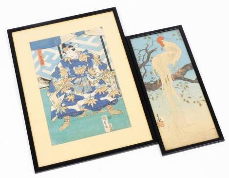 A Japanese woodblock print of a actor in patterned kimono by Kunisada II (1823 - 1880), signed, 34cm x 24cm, and another woodblock print of a longtailed cockerel on a branch, signed Sekian. 19th century. 37cm x 16cm.