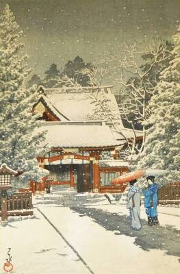 A Japanese woodblock print, Snow at Hie Shrine (Shato no yuki (Hie jinja) by Kawase Hasui (1931), 36cm x 25cm.