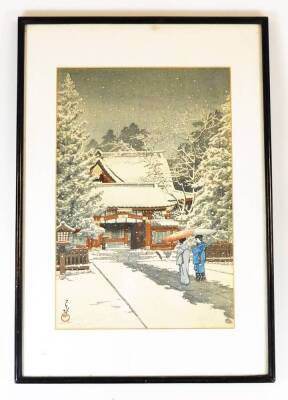 A Japanese woodblock print, Snow at Hie Shrine (Shato no yuki (Hie jinja) by Kawase Hasui (1931), 36cm x 25cm. - 2