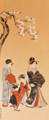 A Japanese woodblock print, depicting a geisha, two children and her attendant dressed in finery before a blossom tree, signed with four character mark above a red seal, 20th century, 39cm x 17cm.