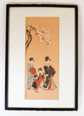 A Japanese woodblock print, depicting a geisha, two children and her attendant dressed in finery before a blossom tree, signed with four character mark above a red seal, 20th century, 39cm x 17cm. - 2