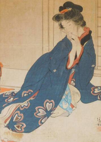 A Japanese woodblock print, known either as Scarlet Peach or Tipsy Beauty, by Kiyokata Kaburagi (1878-1973) , 30cm x 21cm.