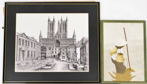 A print of Lincoln Cathedral from Castle Square after John Bangay, and an Eastern silk embroidered figure of a woman fishing. (2)