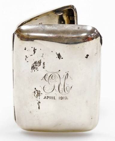 A George V silver cigarette case, with central engraving GU April 1919, Birmingham assay, dated 1918, 2oz. (AF)