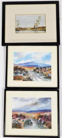 Three framed watercolours, two signed S R Knowles, Moorland scenes 22cm x 17cm, and another xxx (1925), river scene, 19cm x 12cm.